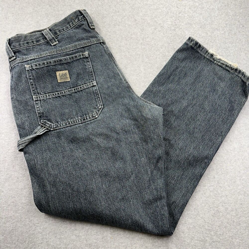 Y2K Lee Men's Regular Fit Gray Denim Jeans Straight  Logo Dark Wash Baggy Grunge